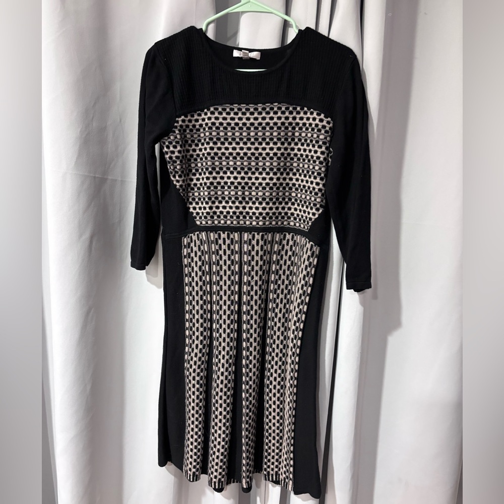 Spense Fit & Flare Sweater Dress XL Black Cream Geometric Long Sleeve Midi